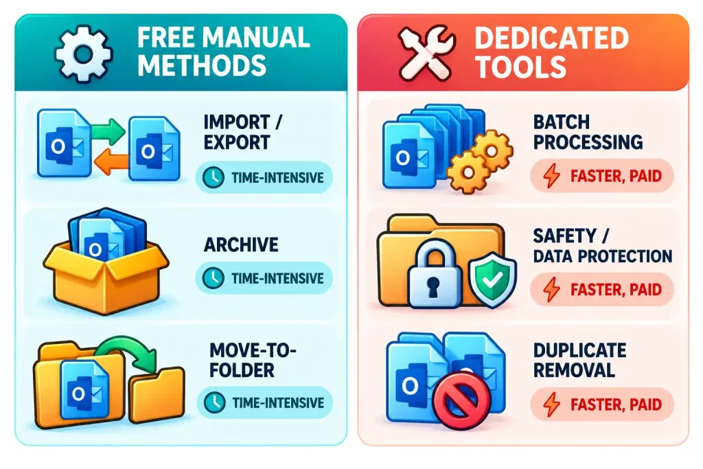How To Split An Oversized Outlook Pst File (Tools And Manual Methods Compared) 2 Comparison Infographic Of Free Manual Pst-Splitting Methods Versus Paid Dedicated Splitting Tools