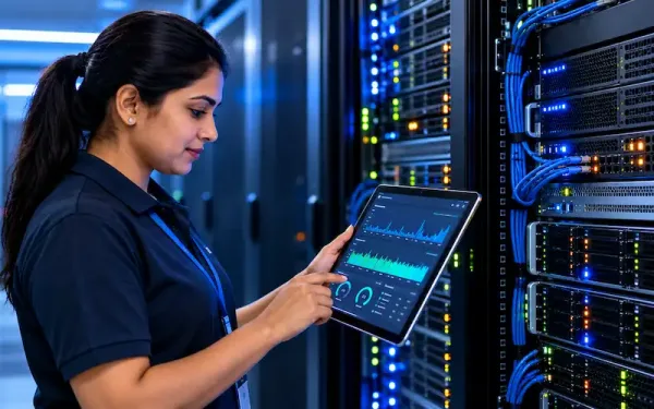 Technician Reviewing Server Performance Metrics In Front Of A Dedicated Server Rack