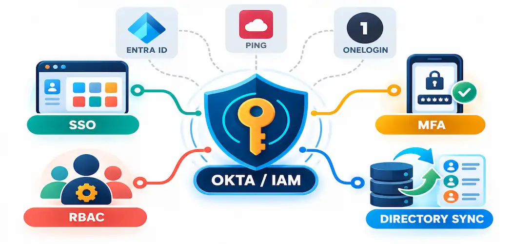 Okta And Iam: What It Actually Does, And How It Compares 1 Illustration Of Okta'S Iam Features Connecting To Sso, Mfa, Rbac, And Directory Sync, With Competing Platforms Shown In The Background