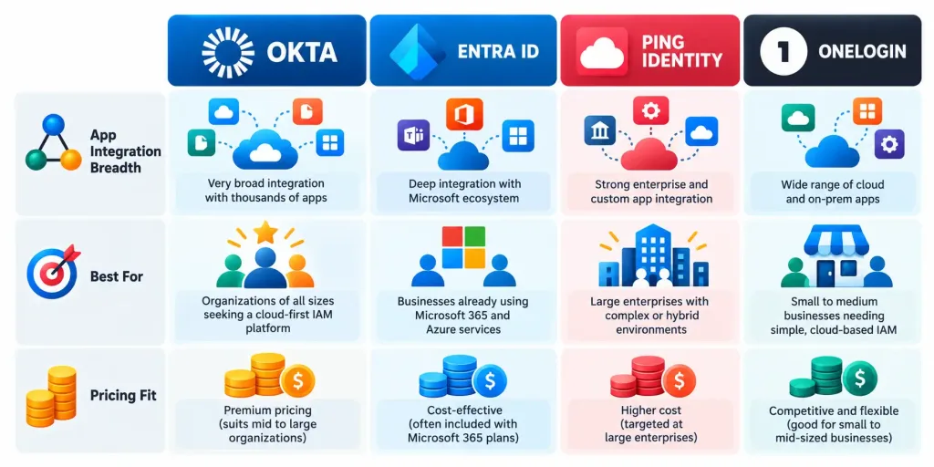 Okta And Iam: What It Actually Does, And How It Compares 2 Comparison Infographic Of Okta, Microsoft Entra Id, Ping Identity, And Onelogin Across Integration Breadth, Best-Fit Use Case, And Pricing