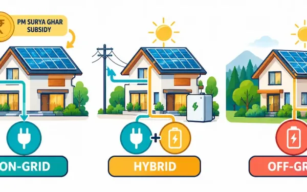 Illustration Of Three Houses Labeled On-Grid, Hybrid, And Off-Grid Solar With A Subsidy Icon