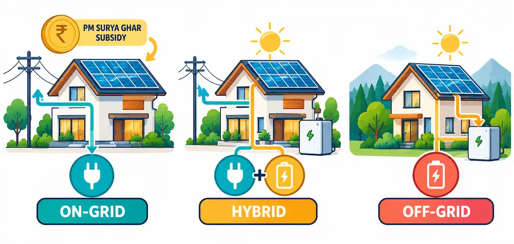 Illustration Of Three Houses Labeled On-Grid, Hybrid, And Off-Grid Solar With A Subsidy Icon