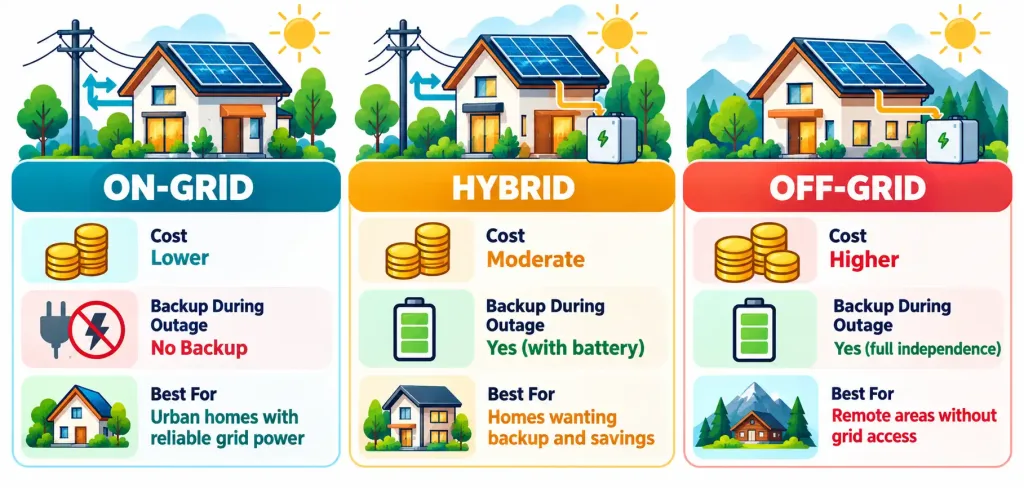On-Grid Vs. Off-Grid Solar: Which Fits Your Indian Home? 2 Comparison Chart Of On-Grid, Hybrid, And Off-Grid Solar Systems By Cost, Outage Backup, And Best-Fit Use Case