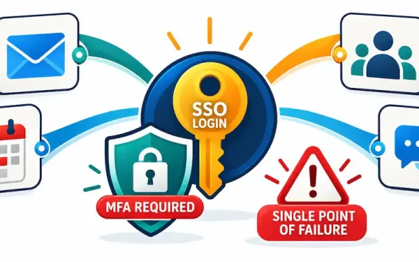 Illustration Of A Single Key Unlocking Multiple Connected Applications, With An Mfa Shield Overlay And A Single-Point-Of-Failure Warning Icon