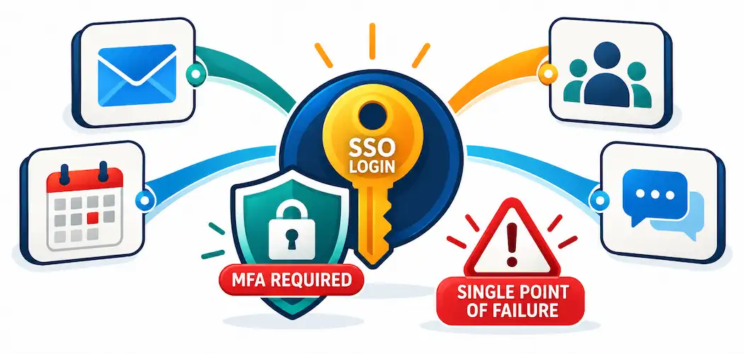 Single Sign-On (Sso): How Sso Id Login Actually Works, And Where The Real Risks Are 1 Illustration Of A Single Key Unlocking Multiple Connected Applications, With An Mfa Shield Overlay And A Single-Point-Of-Failure Warning Icon