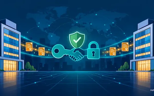 Flat Vector Illustration Of Two Companies Connected By A Secure Digital Trust Bridge Representing Pki For Business Partners