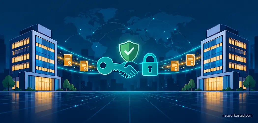 Flat Vector Illustration Of Two Companies Connected By A Secure Digital Trust Bridge Representing Pki For Business Partners