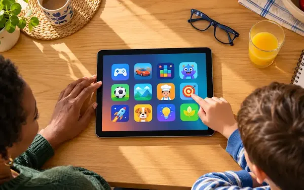 A Parent And A 9-Year-Old Child Looking Together At An Ipad Screen While Choosing Safe Ipad Games For 9-Year-Olds At A Kitchen Table