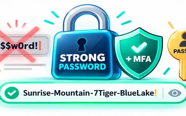 Illustration Of A Padlock Labeled Strong Password, A Shield Labeled Mfa, And A Key Labeled Passkey, With A Weak Symbol-Heavy Password Crossed Out