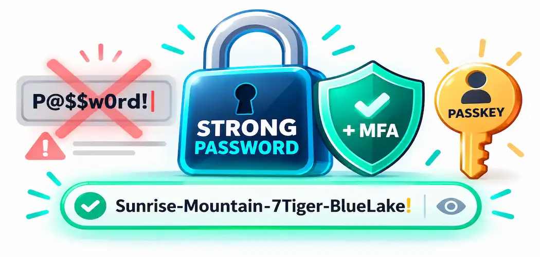 Illustration Of A Padlock Labeled Strong Password, A Shield Labeled Mfa, And A Key Labeled Passkey, With A Weak Symbol-Heavy Password Crossed Out