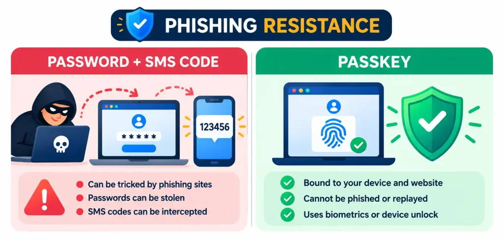 Digital Identity Management: Balancing Security And User Convenience 2 Comparison Graphic Contrasting Password-Plus-Sms Authentication With Passkey Authentication On Phishing Resistance