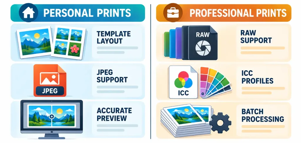 Navigating The World Of Photo Printing Software: What Actually Matters 2 Checklist Graphic Comparing Feature Priorities For Personal Photo Printing Versus Professional Printing Workflows