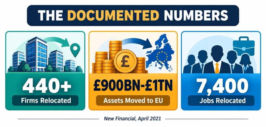 How Uk Finance Laws Actually Changed After Brexit — And What'S Happened Since 2 Stat Graphic Showing 440+ Firms Relocated, £900 Billion To £1 Trillion In Assets Moved, And 7,400 Jobs Moved From The Uk To The Eu