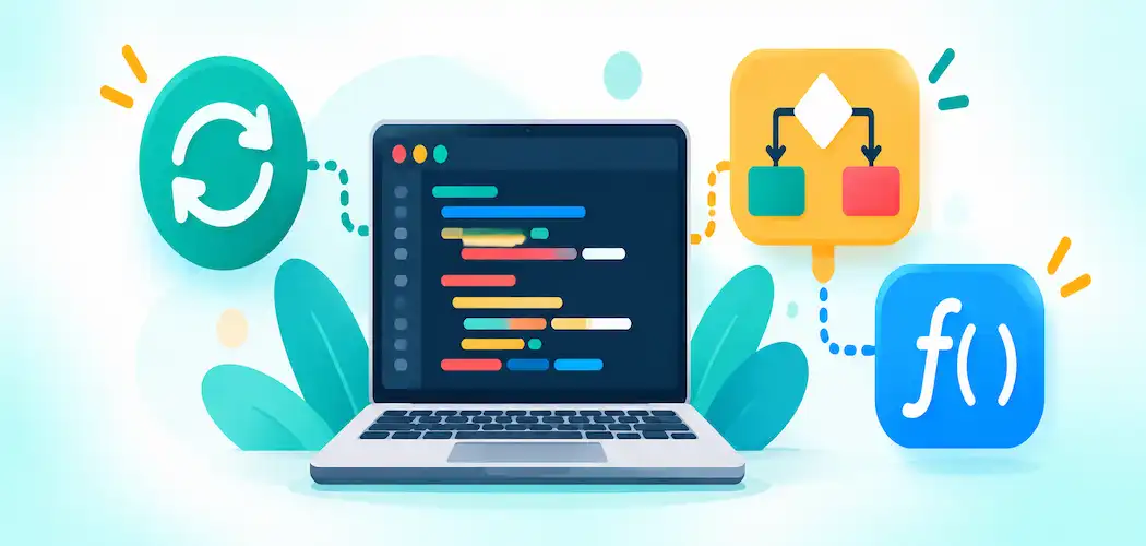 Lesson 4.3: Programming Concepts 1 Illustration Of A Code Editor Window With Icons Representing A Loop, A Branching Decision, And A Function