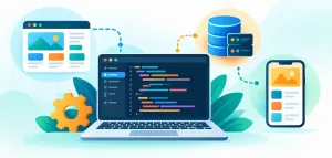 Lesson 4.1: Programming Language Categories 8 Illustration Of A Code Editor Window With Icons Representing A Webpage, Database, And Mobile Phone Nearby