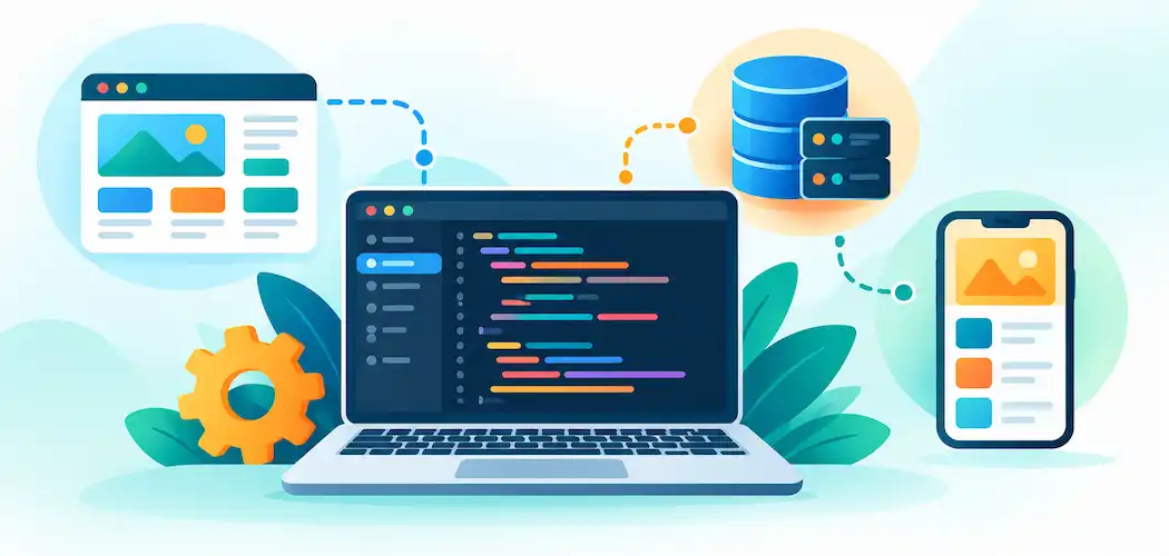 Lesson 4.1: Programming Language Categories 1 Illustration Of A Code Editor Window With Icons Representing A Webpage, Database, And Mobile Phone Nearby