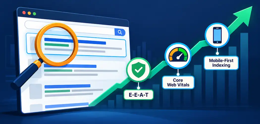 How To Rank Higher On Google: Seo Tips 1 Flat Vector Illustration Of Search Results Rising On An Upward Trend Line With Icons For E-E-A-T, Core Web Vitals, And Mobile-First Indexing