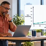 Founder Reviewing A Rising Customer-Acquisition Chart On A Laptop Before Increasing Marketing Budget