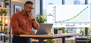 Scaling Your Startup With Marketing: When And How To Invest More 3 Founder Reviewing A Rising Customer-Acquisition Chart On A Laptop Before Increasing Marketing Budget