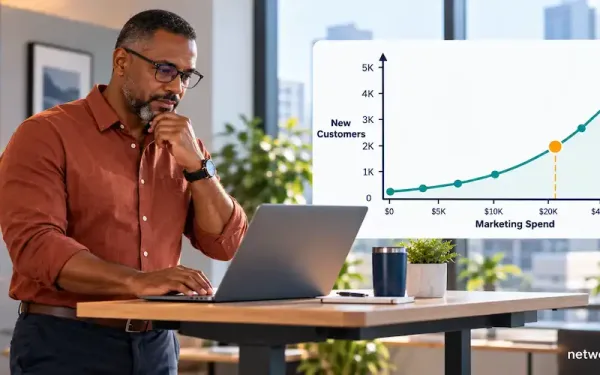 Founder Reviewing A Rising Customer-Acquisition Chart On A Laptop Before Increasing Marketing Budget