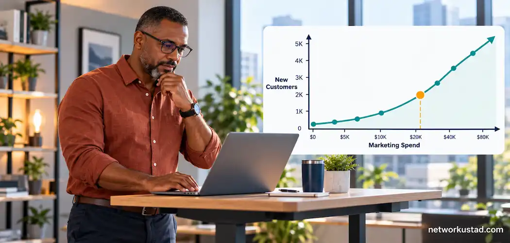 Founder Reviewing A Rising Customer-Acquisition Chart On A Laptop Before Increasing Marketing Budget