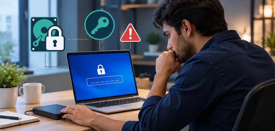 It Professional Looking At A Bitlocker Recovery Key Prompt On A Laptop