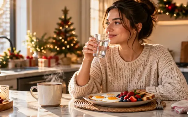 A Person Having A Calm, Balanced Breakfast With Water And Berries During The Holiday Season