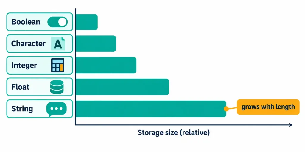Lesson 4.2: Fundamental Data Types 6 Bar Chart Comparing Relative Memory Use Of Boolean, Character, Integer, Float, And String Data Types