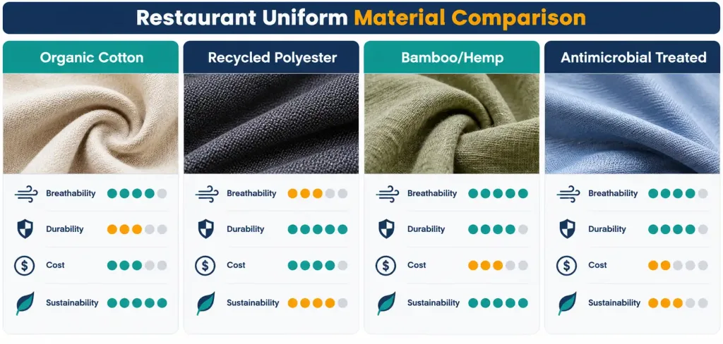 How To Choose Custom-Branded Uniforms For Your Restaurant Staff 2 Infographic Comparing Cotton, Recycled Polyester, Bamboo/Hemp, And Antimicrobial-Treated Restaurant Uniform Fabrics