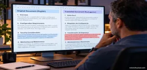 Multilingual Technical Document Translation: A Review Workflow That Actually Works 2 Split-Screen Monitor Comparing An English Technical Document With Its Translated Version, One Section Flagged For Review