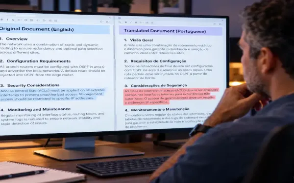 Split-Screen Monitor Comparing An English Technical Document With Its Translated Version, One Section Flagged For Review
