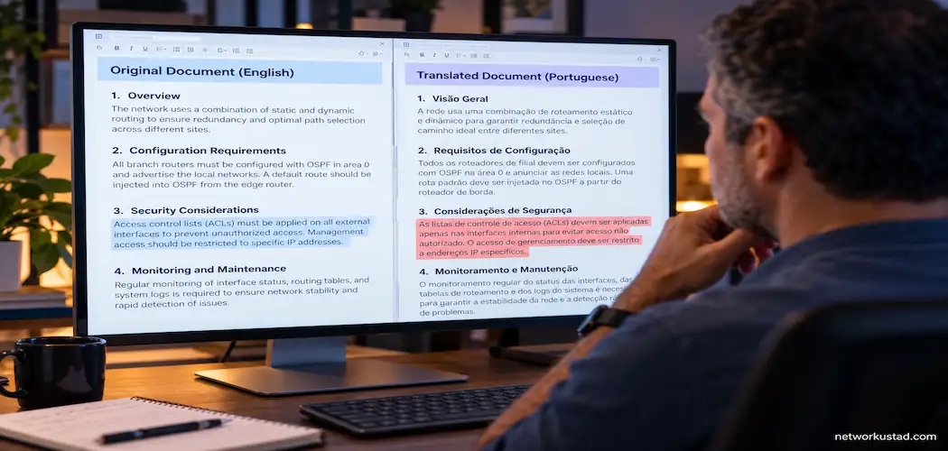 Split-Screen Monitor Comparing An English Technical Document With Its Translated Version, One Section Flagged For Review