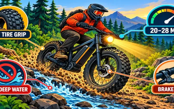 Illustration Of A Fat-Tire Electric Bike On A Forest Trail With Labeled Safety Icons For Grip, Speed, Water Avoidance, And Braking