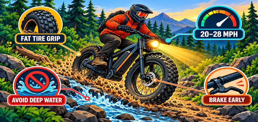 Avoiding Collisions While Hunting On Electric Bikes: 7 Tips For Safer Riding 1 Illustration Of A Fat-Tire Electric Bike On A Forest Trail With Labeled Safety Icons For Grip, Speed, Water Avoidance, And Braking