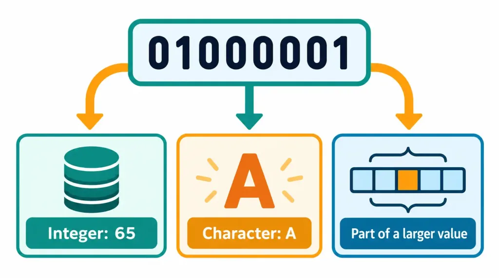 Lesson 4.2: Fundamental Data Types 2 Diagram Showing One Binary Sequence Interpreted As An Integer, A Character, Or Part Of A Larger Value Depending On Data Type