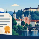 Ljubljana Skyline With A Document And Official Seal Icon Representing Slovenian Company Registration