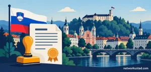 Setting Up A Limited Liability Company In Slovenia: A Step-By-Step Overview For Foreign Founders 2 Ljubljana Skyline With A Document And Official Seal Icon Representing Slovenian Company Registration