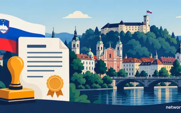 Ljubljana Skyline With A Document And Official Seal Icon Representing Slovenian Company Registration