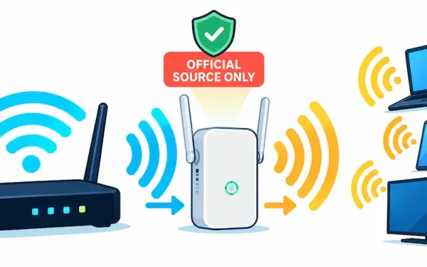 Illustration Of A Router'S Wifi Signal Being Extended By A Repeater, With A Shield Icon Labeled Official Source Only