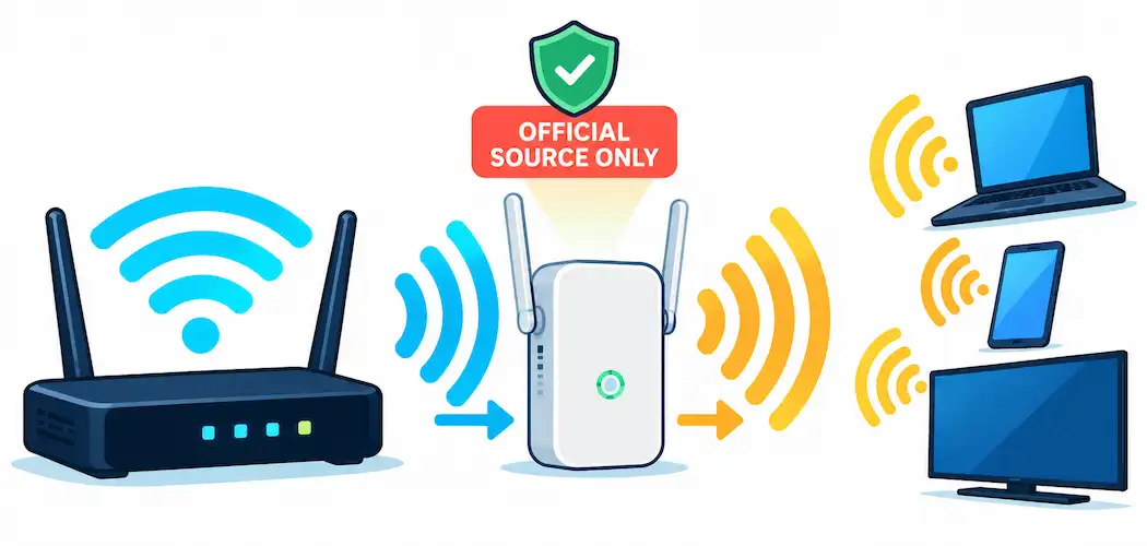 Illustration Of A Router'S Wifi Signal Being Extended By A Repeater, With A Shield Icon Labeled Official Source Only