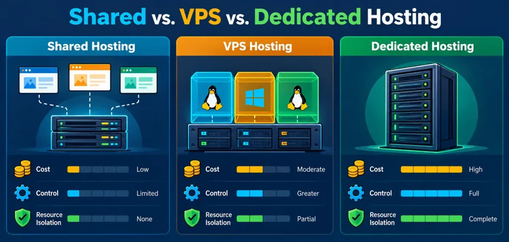 Vps Hosting Explained: What It Actually Is, And Linus Vs. Windows Vps Done Honestly 2 Infographic Comparing Shared, Vps, And Dedicated Hosting Across Cost And Control