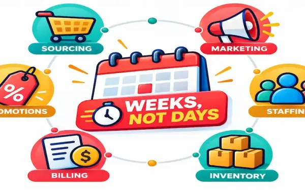 Illustration Of A Calendar Surrounded By Six Labeled Icons For Sourcing, Marketing, Staffing, Inventory, Billing, And Promotions