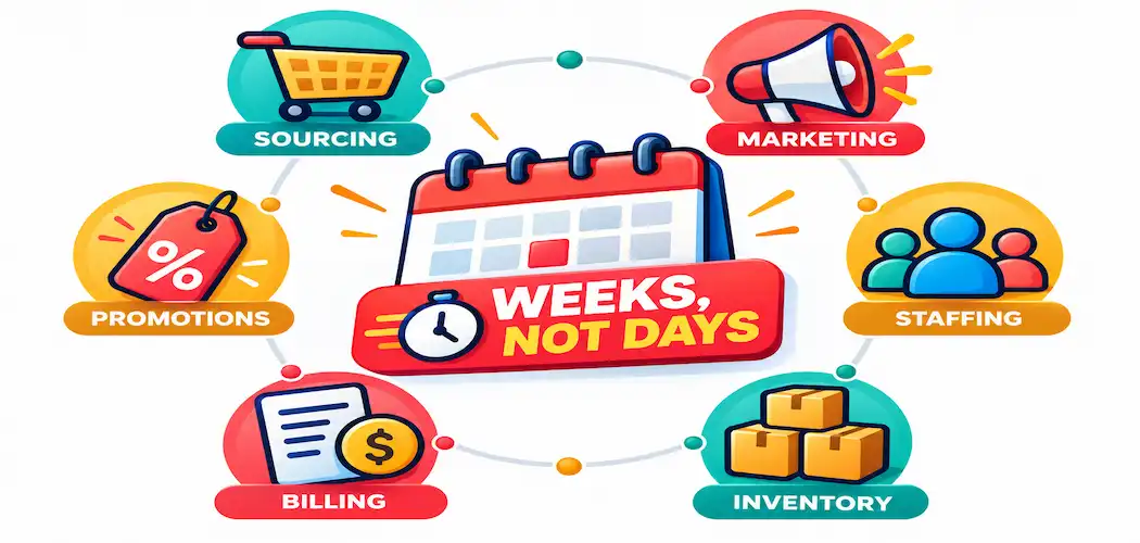 Illustration Of A Calendar Surrounded By Six Labeled Icons For Sourcing, Marketing, Staffing, Inventory, Billing, And Promotions