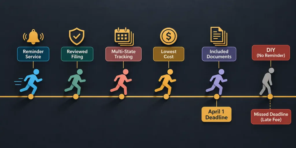 The 6 Best Georgia Llc Filing Service Options For 2026, Compared On Annual Registration Due Date Support 2 Illustration Of Six Abstract Figures At Varying Distances From A Deadline Line, Each Marked With An Icon Representing Reminders, Review, Multi-State Tracking, Cost, Documents, Or No Assistance