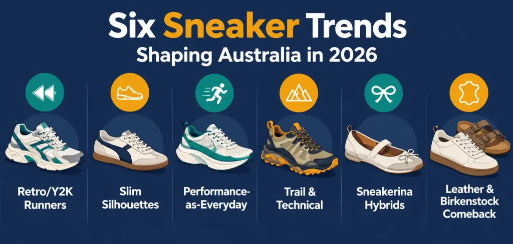 Sneaker Trends In Australia For 2026: What'S Actually Selling And Why 2 Infographic Listing Six Current Sneaker Trend Categories In Australia