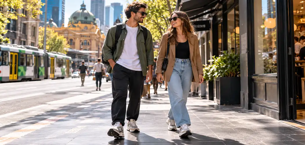 Two People Walking On A Melbourne Street Wearing Current Retro-Runner Sneakers