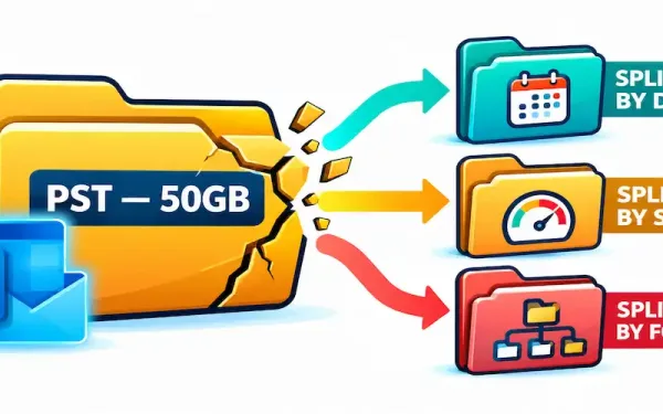 Illustration Of A Large Pst File Splitting Into Three Smaller Files Labeled By Date, Size, And Folder