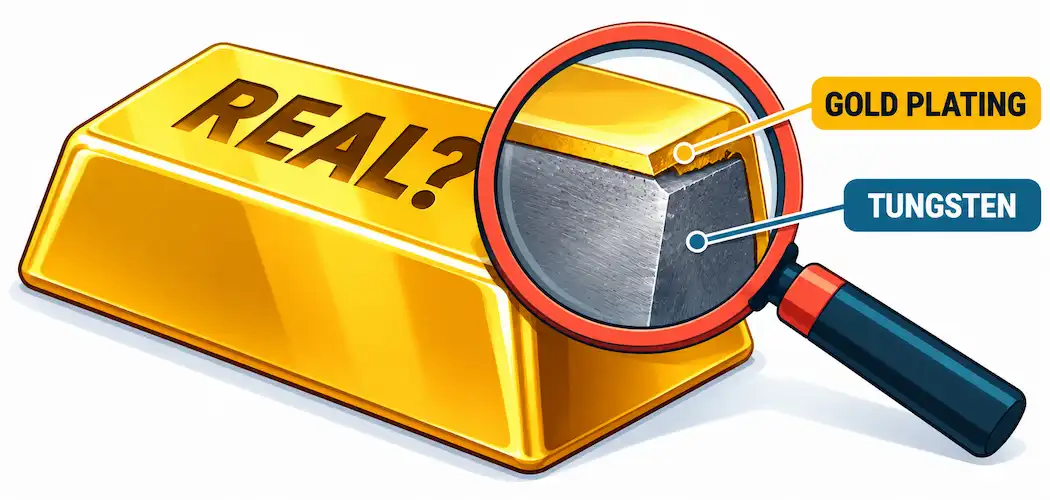 How To Know If Gold Is Real: A Practical Guide 1 Illustration Of A Gold Bar Under A Magnifying Glass Revealing A Tungsten Core Beneath A Thin Gold Plating Layer