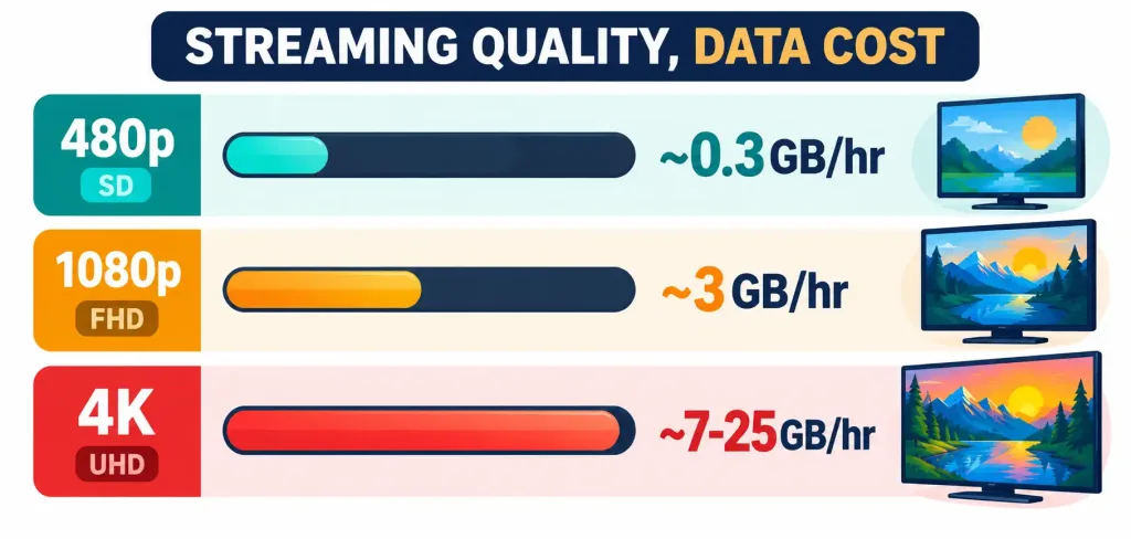 Optimize Your Internet: A Practical Guide To Reducing High Bandwidth Usage 2 Bar Chart Comparing Approximate Hourly Data Usage At 480P, 1080P, And 4K Streaming Quality