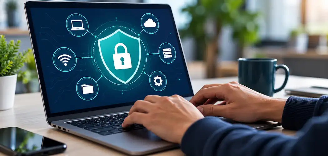Ways To Strengthen Your Passwords And Secure Your Accounts 1 Person Typing On A Laptop With A Digital Padlock Icon Representing Password Security